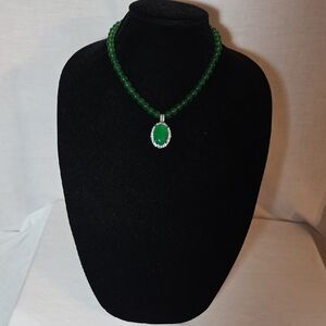 Elegant Green Beaded Necklace with Silver Pendant